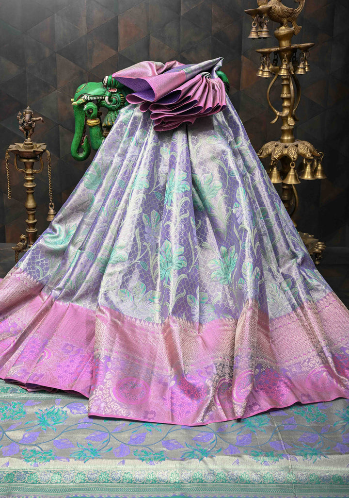 Lilac Tissue Meenakari Brocade  Kanjivaram Silk Saree with Pink Contrast Zari Border | SILK MARK CERTIFIED