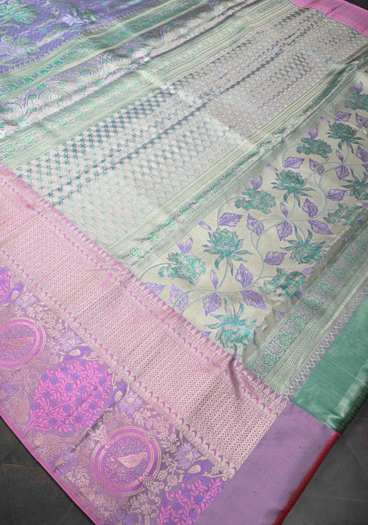 Lilac Tissue Meenakari Brocade  Kanjivaram Silk Saree with Pink Contrast Zari Border | SILK MARK CERTIFIED