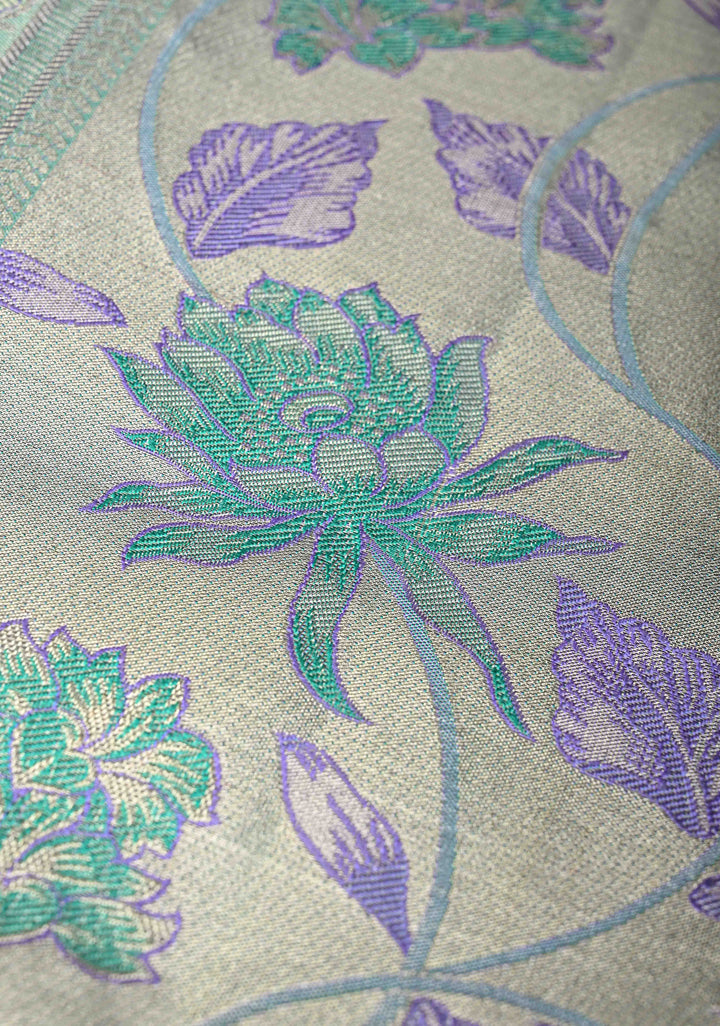 Lilac Tissue Meenakari Brocade  Kanjivaram Silk Saree with Pink Contrast Zari Border | SILK MARK CERTIFIED