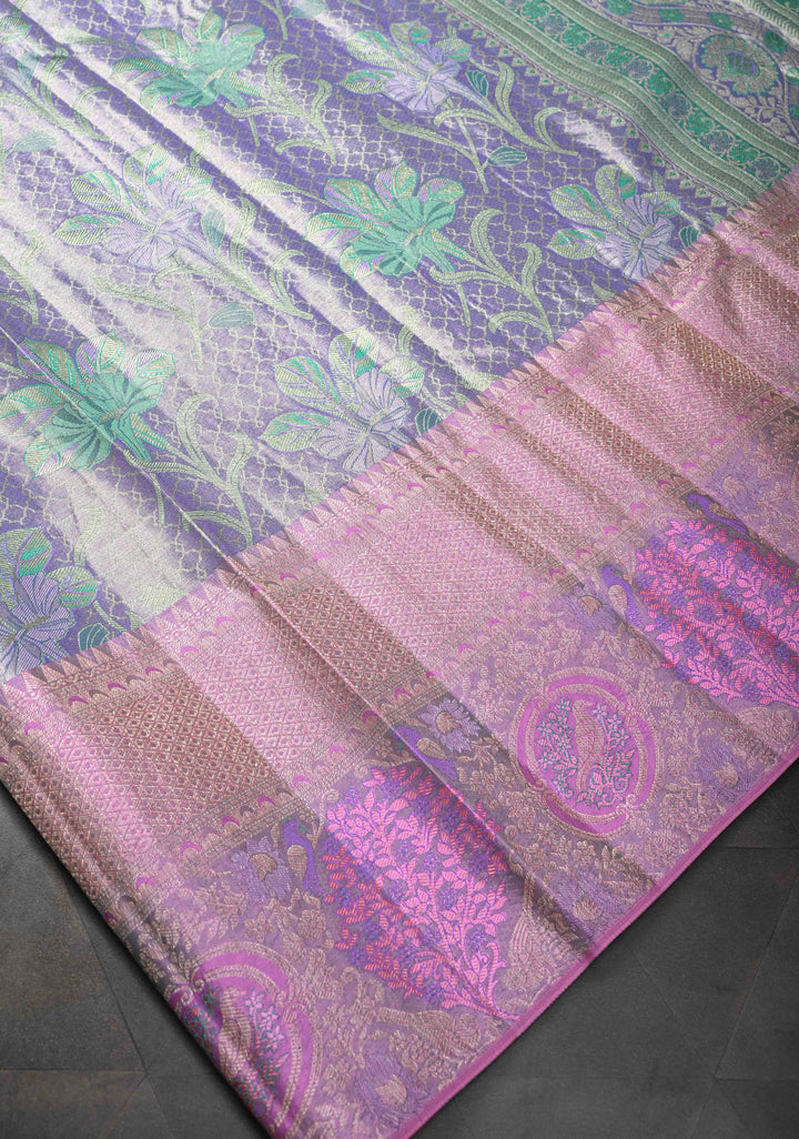 Lilac Tissue Meenakari Brocade  Kanjivaram Silk Saree with Pink Contrast Zari Border | SILK MARK CERTIFIED