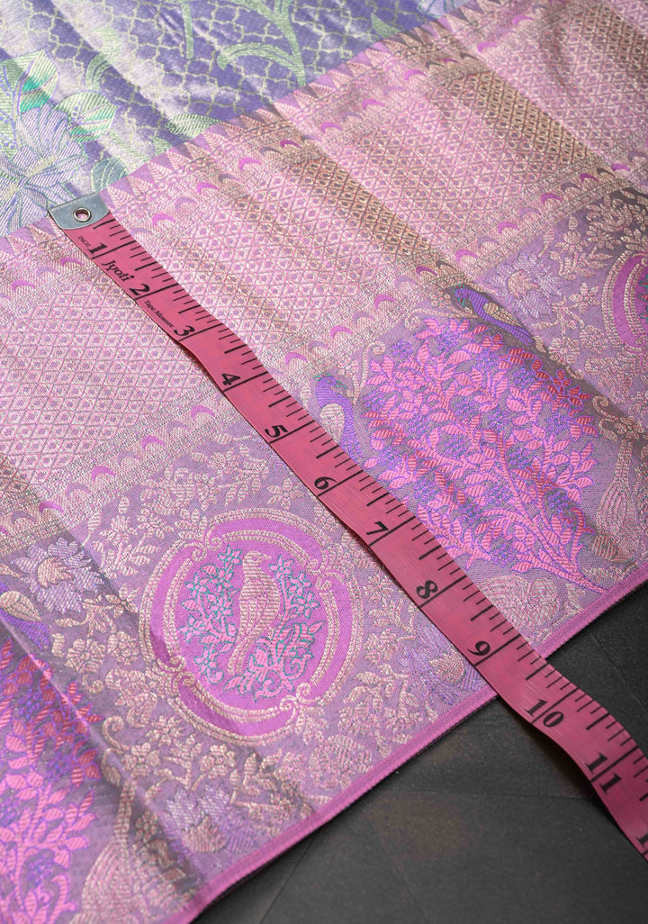 Lilac Tissue Meenakari Brocade  Kanjivaram Silk Saree with Pink Contrast Zari Border | SILK MARK CERTIFIED