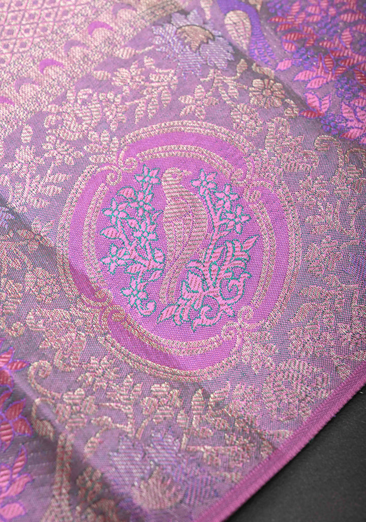 Lilac Tissue Meenakari Brocade  Kanjivaram Silk Saree with Pink Contrast Zari Border | SILK MARK CERTIFIED