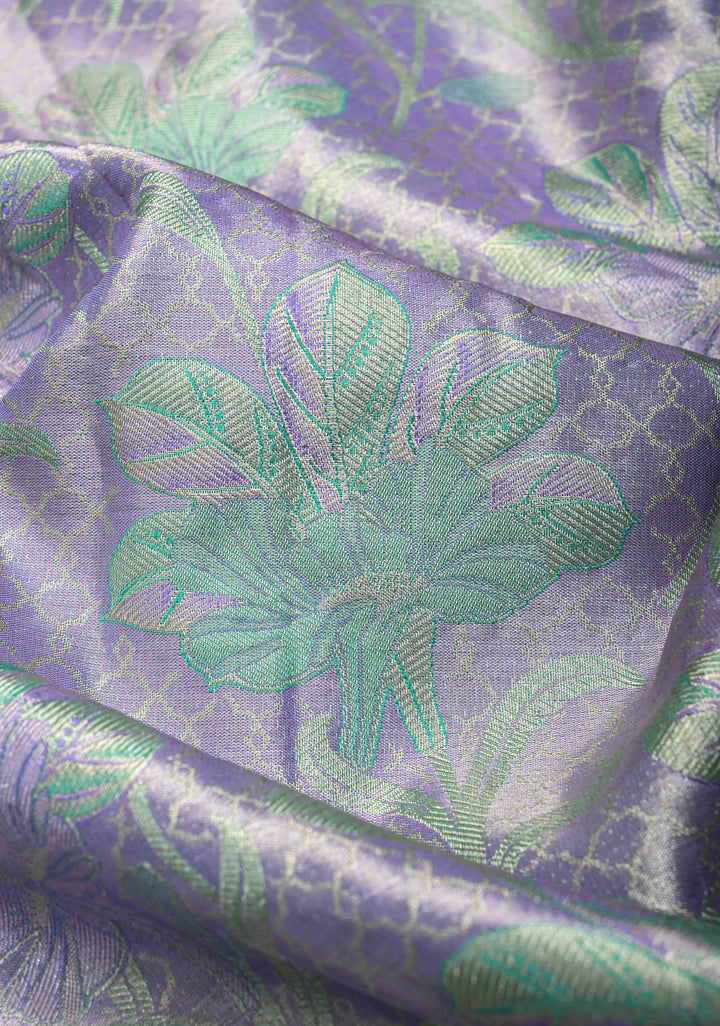 Lilac Tissue Meenakari Brocade  Kanjivaram Silk Saree with Pink Contrast Zari Border | SILK MARK CERTIFIED