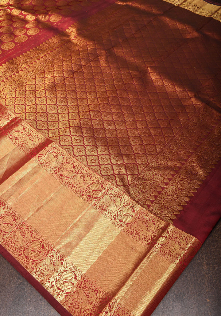 Maroon Kanjivaram Pure Silk Saree with Peacock Brocade and Wide Zari Border |  SILK MARK CERTIFIED