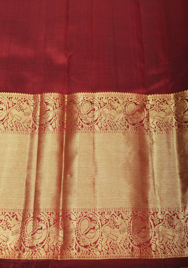 Maroon Kanjivaram Pure Silk Saree with Peacock Brocade and Wide Zari Border |  SILK MARK CERTIFIED