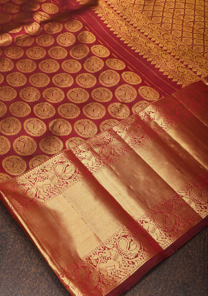 Maroon Kanjivaram Pure Silk Saree with Peacock Brocade and Wide Zari Border |  SILK MARK CERTIFIED