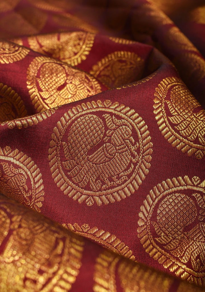 Maroon Kanjivaram Pure Silk Saree with Peacock Brocade and Wide Zari Border |  SILK MARK CERTIFIED