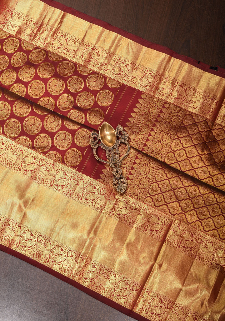 Maroon Kanjivaram Pure Silk Saree with Peacock Brocade and Wide Zari Border |  SILK MARK CERTIFIED