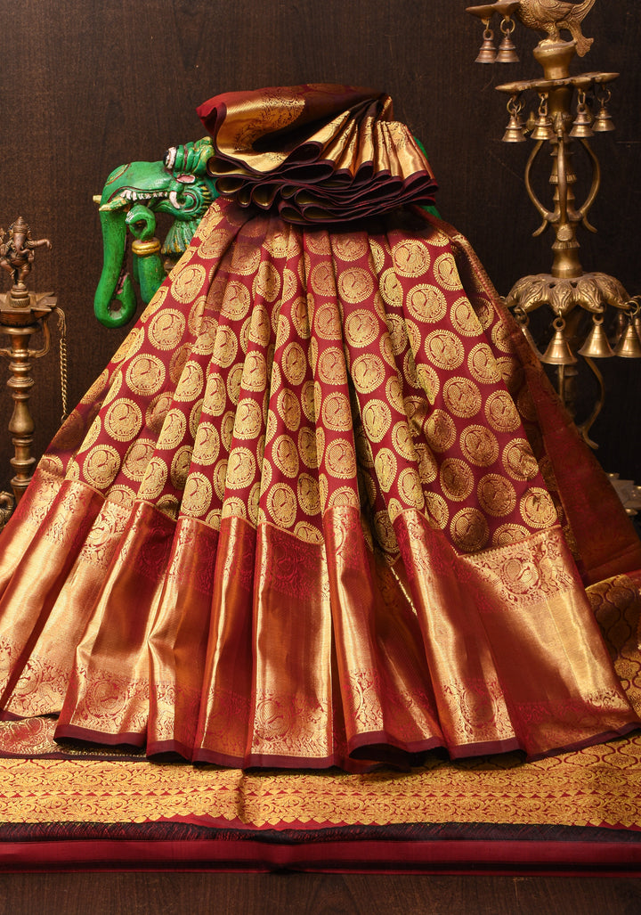 Maroon Kanjivaram Pure Silk Saree with Peacock Brocade and Wide Zari Border |  SILK MARK CERTIFIED