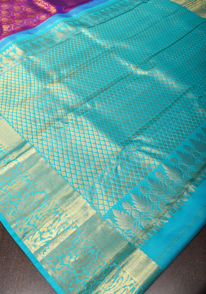 Purple Exquisite Kanjivaram Pure Silk saree with Floral Zari Brocade and Blue Contrast Borders | SILK MARK CERTIFIED