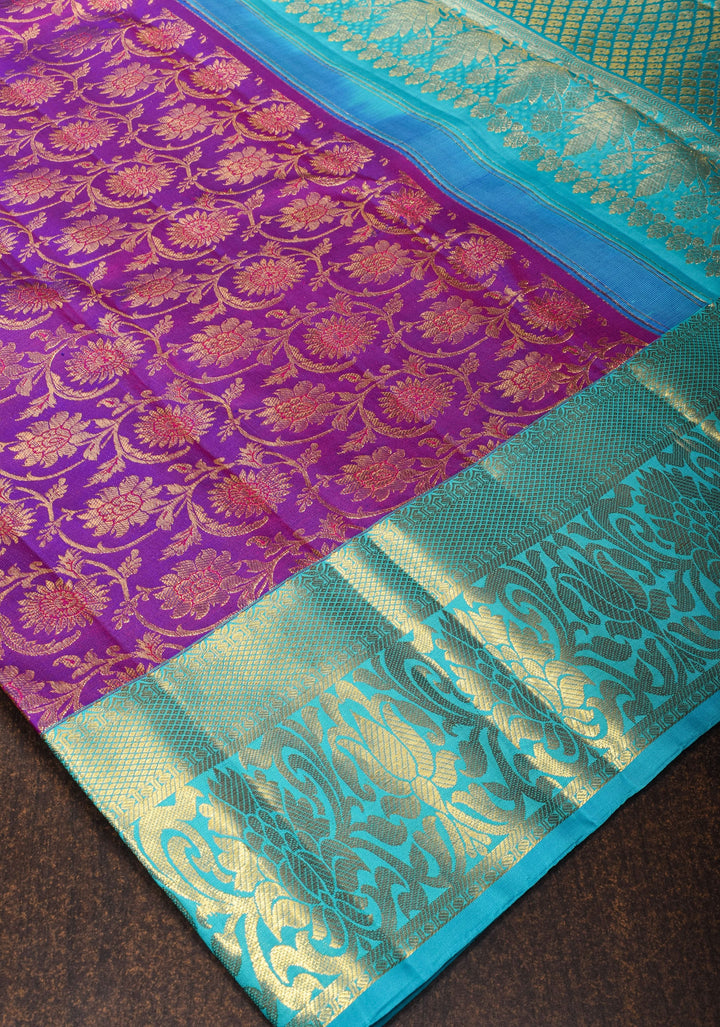 Purple Exquisite Kanjivaram Pure Silk saree with Floral Zari Brocade and Blue Contrast Borders | SILK MARK CERTIFIED