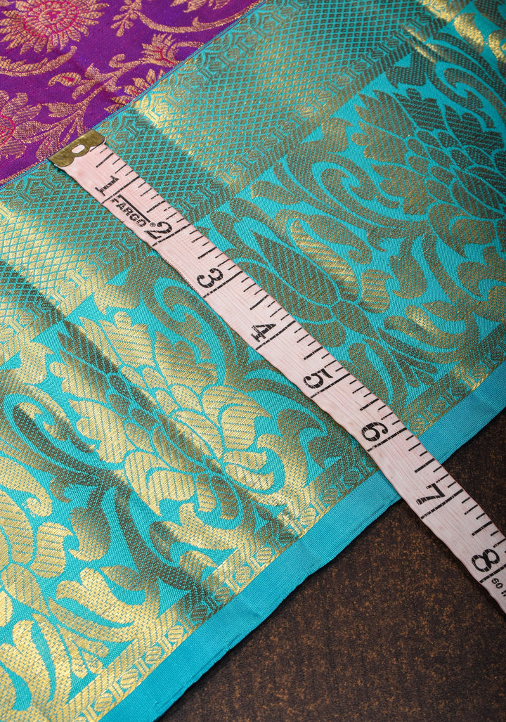 Purple Exquisite Kanjivaram Pure Silk saree with Floral Zari Brocade and Blue Contrast Borders | SILK MARK CERTIFIED