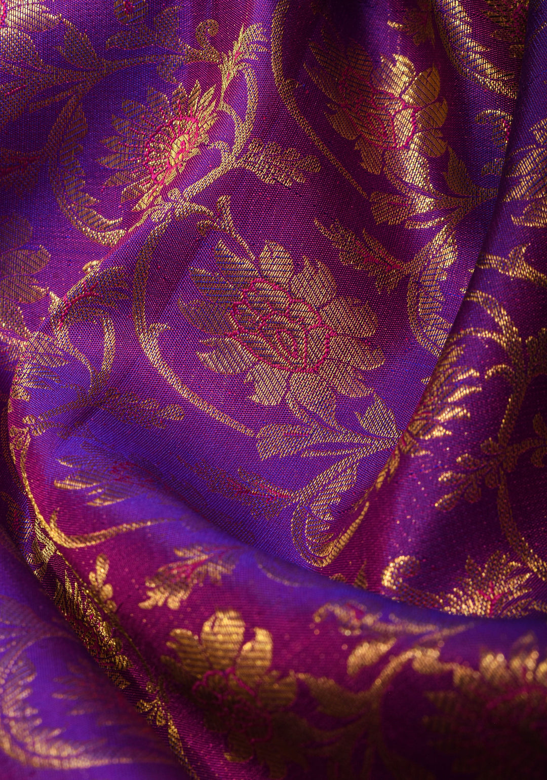 Purple Exquisite Kanjivaram Pure Silk saree with Floral Zari Brocade and Blue Contrast Borders | SILK MARK CERTIFIED