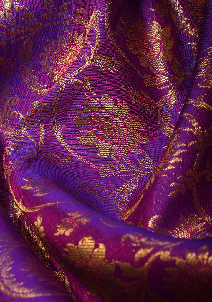 Purple Exquisite Kanjivaram Pure Silk saree with Floral Zari Brocade and Blue Contrast Borders | SILK MARK CERTIFIED