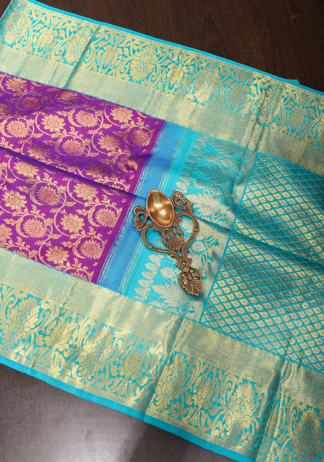 Purple Exquisite Kanjivaram Pure Silk saree with Floral Zari Brocade and Blue Contrast Borders | SILK MARK CERTIFIED