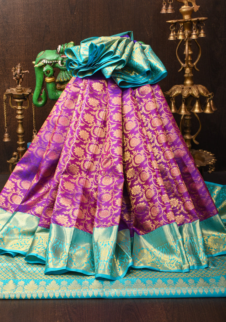 Purple Exquisite Kanjivaram Pure Silk saree with Floral Zari Brocade and Blue Contrast Borders | SILK MARK CERTIFIED