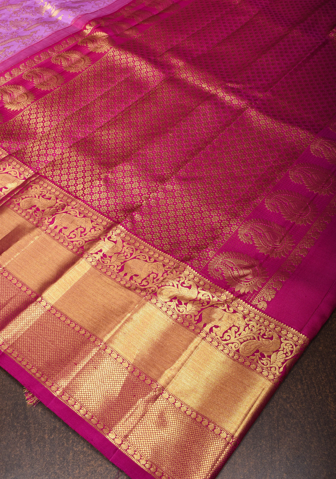 Brocade Kanjivaram Pure Silk Saree in Lilac and Purple with Peacock Leheria design | SILK MARK CERTIFIED