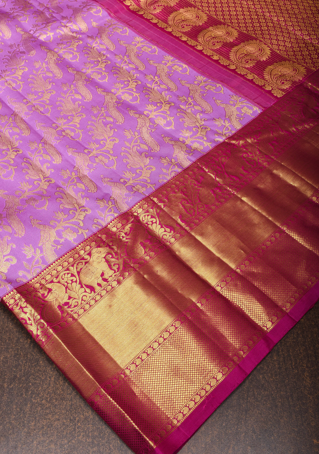 Brocade Kanjivaram Pure Silk Saree in Lilac and Purple with Peacock Leheria design | SILK MARK CERTIFIED