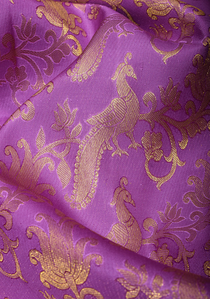 Brocade Kanjivaram Pure Silk Saree in Lilac and Purple with Peacock Leheria design | SILK MARK CERTIFIED