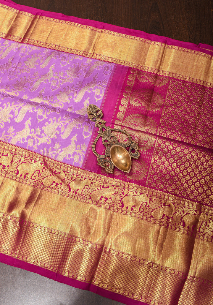 Brocade Kanjivaram Pure Silk Saree in Lilac and Purple with Peacock Leheria design | SILK MARK CERTIFIED