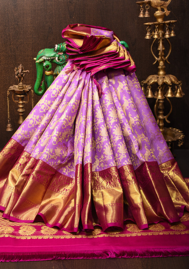 Brocade Kanjivaram Pure Silk Saree in Lilac and Purple with Peacock Leheria design | SILK MARK CERTIFIED