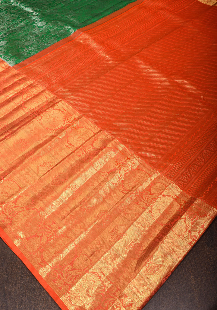 Green Kanjivaram Pure Silk Saree with Floral Jaal and wide Contrast border | SILK MARK CERTIFIED