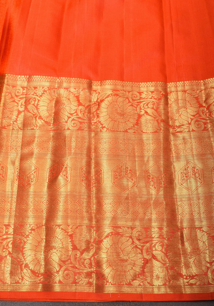 Green Kanjivaram Pure Silk Saree with Floral Jaal and wide Contrast border | SILK MARK CERTIFIED