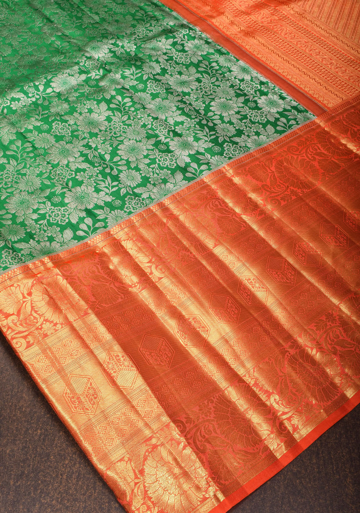 Green Kanjivaram Pure Silk Saree with Floral Jaal and wide Contrast border | SILK MARK CERTIFIED
