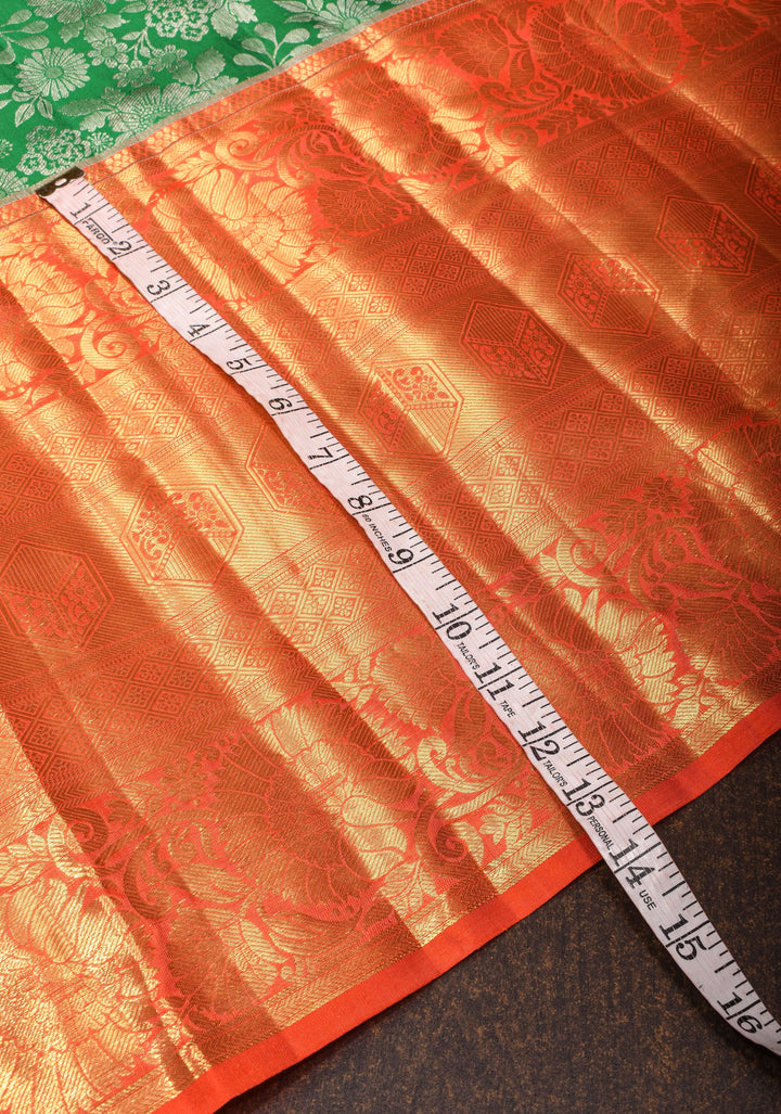 Green Kanjivaram Pure Silk Saree with Floral Jaal and wide Contrast border | SILK MARK CERTIFIED