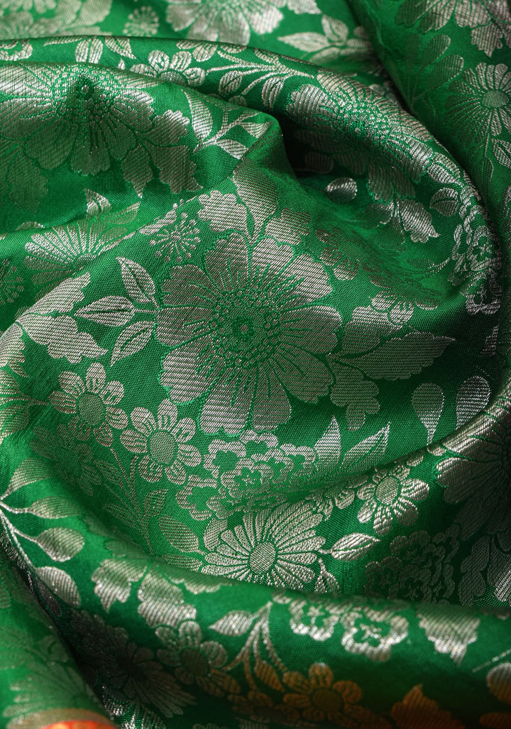 Green Kanjivaram Pure Silk Saree with Floral Jaal and wide Contrast border | SILK MARK CERTIFIED