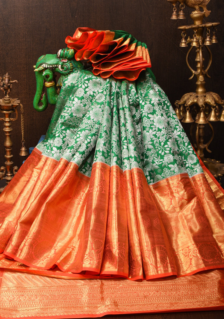 Green Kanjivaram Pure Silk Saree with Floral Jaal and wide Contrast border | SILK MARK CERTIFIED