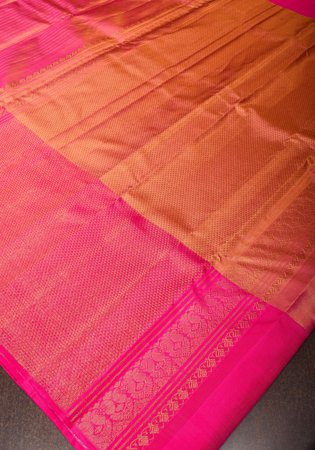 Pink Dual Tone Pure Tissue Silk Kanjivaram Saree with vertical stripes and contrast pink Border | SILK MARK CERTIFIED