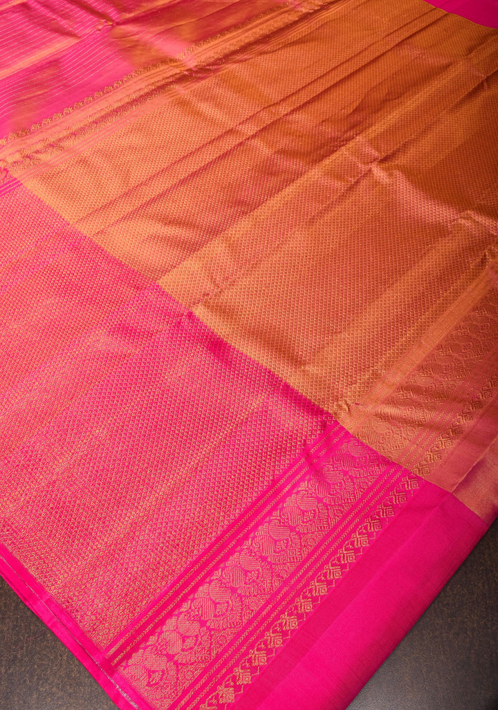 Pink Dual Tone Pure Tissue Silk Kanjivaram Saree with vertical stripes and contrast pink Border | SILK MARK CERTIFIED