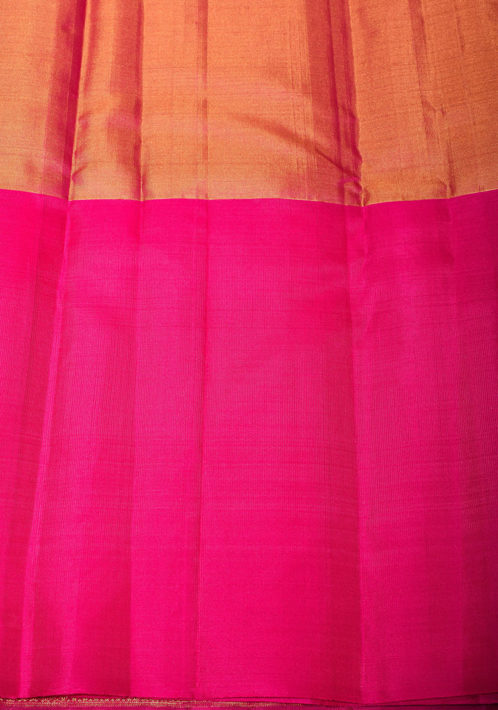 Pink Dual Tone Pure Tissue Silk Kanjivaram Saree with vertical stripes and contrast pink Border | SILK MARK CERTIFIED