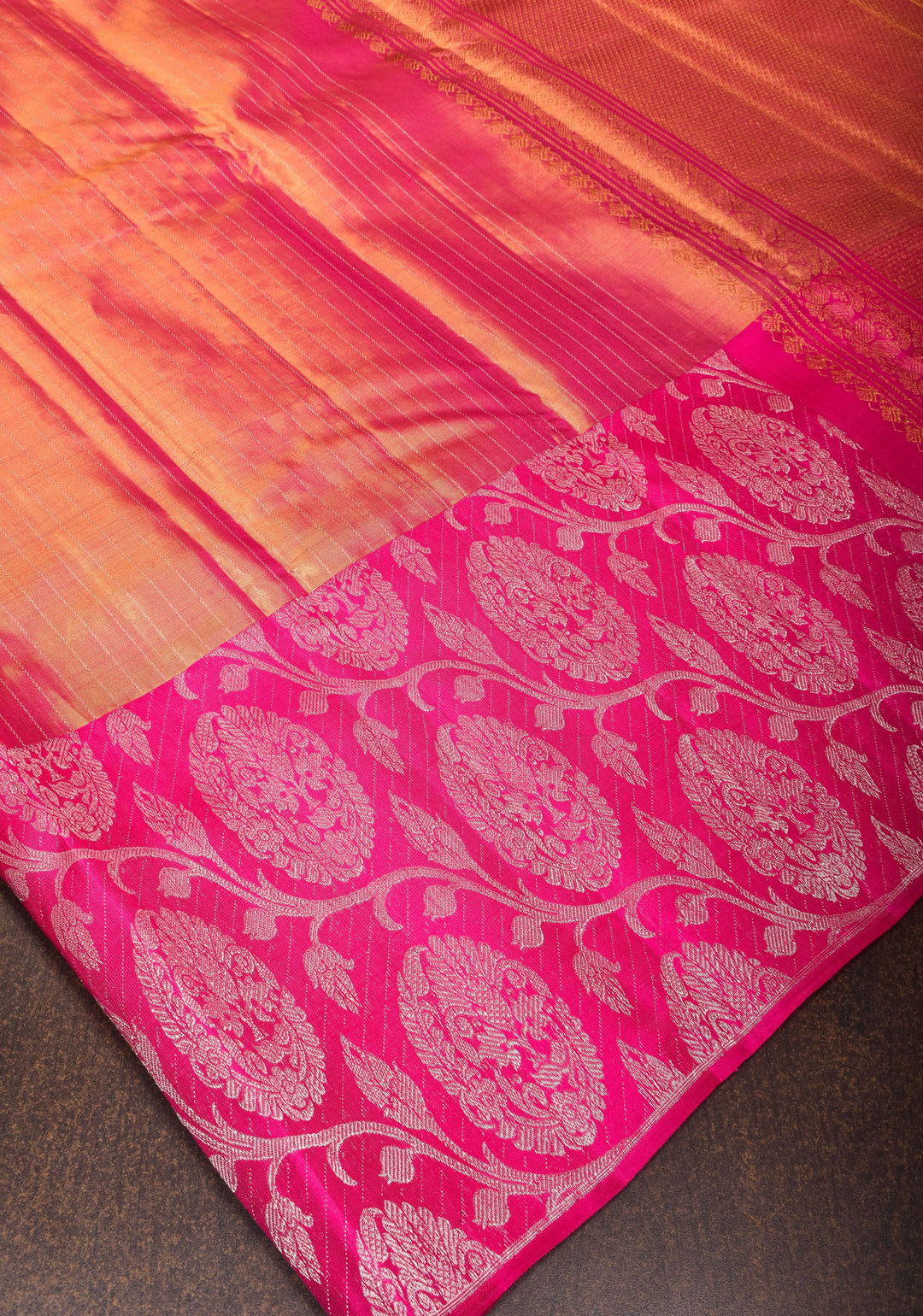 Pink Dual Tone Pure Tissue Silk Kanjivaram Saree with vertical stripes and contrast pink Border | SILK MARK CERTIFIED