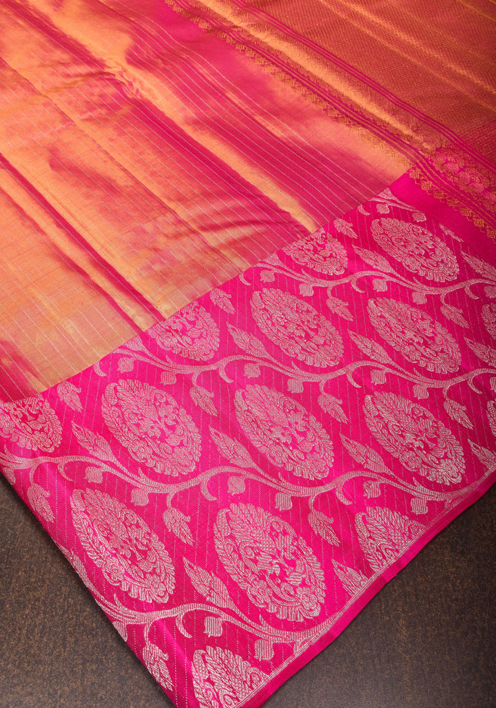 Pink Dual Tone Pure Tissue Silk Kanjivaram Saree with vertical stripes and contrast pink Border | SILK MARK CERTIFIED
