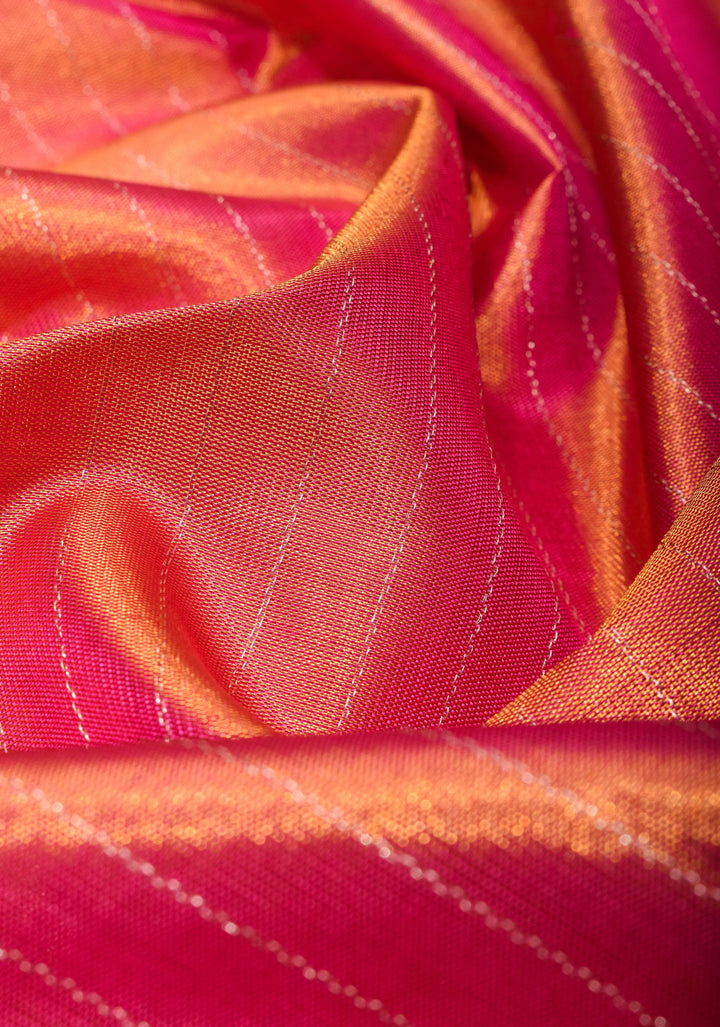 Pink Dual Tone Pure Tissue Silk Kanjivaram Saree with vertical stripes and contrast pink Border | SILK MARK CERTIFIED