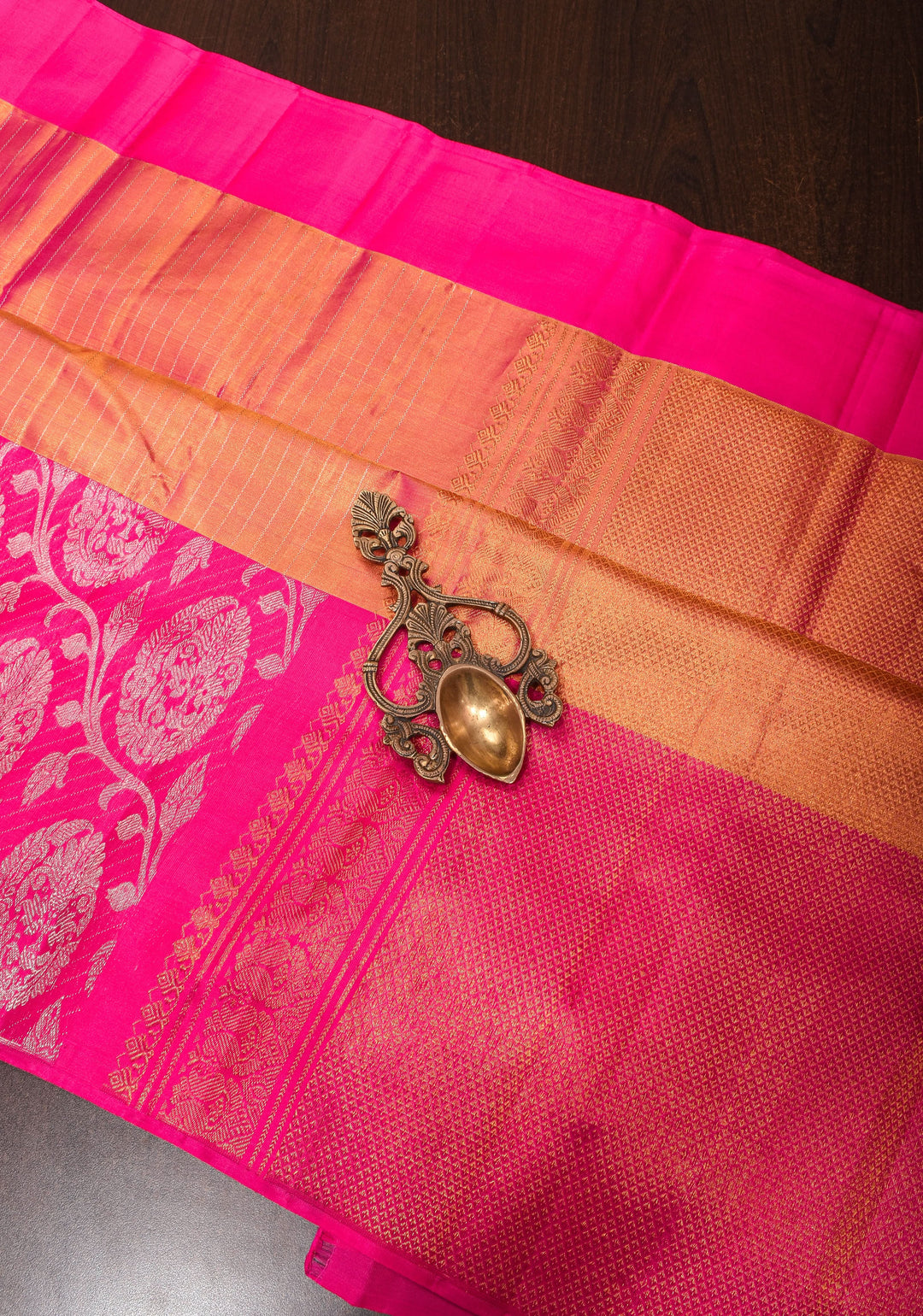 Pink Dual Tone Pure Tissue Silk Kanjivaram Saree with vertical stripes and contrast pink Border | SILK MARK CERTIFIED