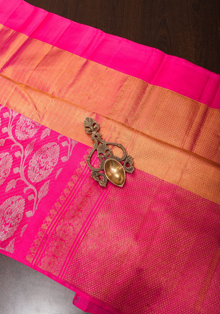 Pink Dual Tone Pure Tissue Silk Kanjivaram Saree with vertical stripes and contrast pink Border | SILK MARK CERTIFIED