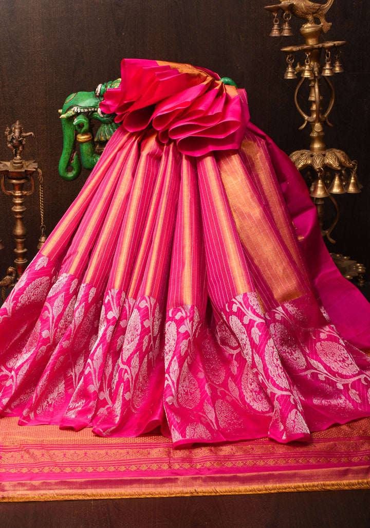 Pink Dual Tone Pure Tissue Silk Kanjivaram Saree with vertical stripes and contrast pink Border | SILK MARK CERTIFIED