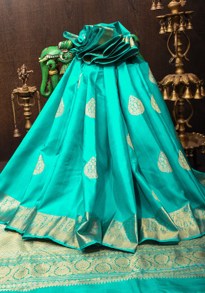Turquoise Kanjivaram Silk Saree with Zari buttas and Zari Border | SILK MARK CERTIFIED