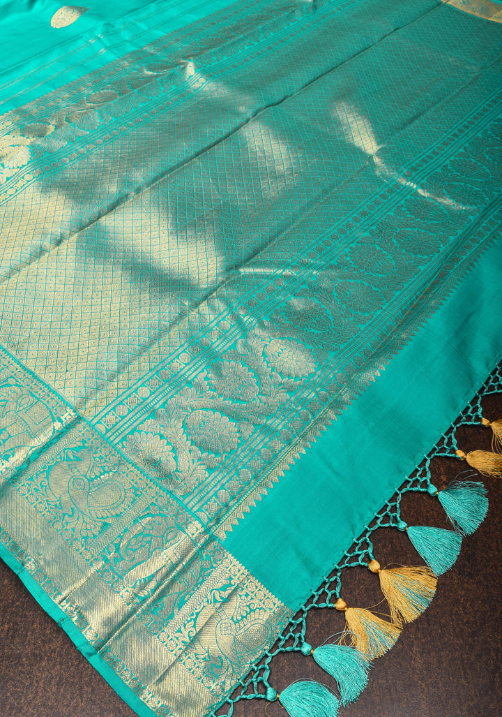 Turquoise Kanjivaram Silk Saree with Zari buttas and Zari Border | SILK MARK CERTIFIED