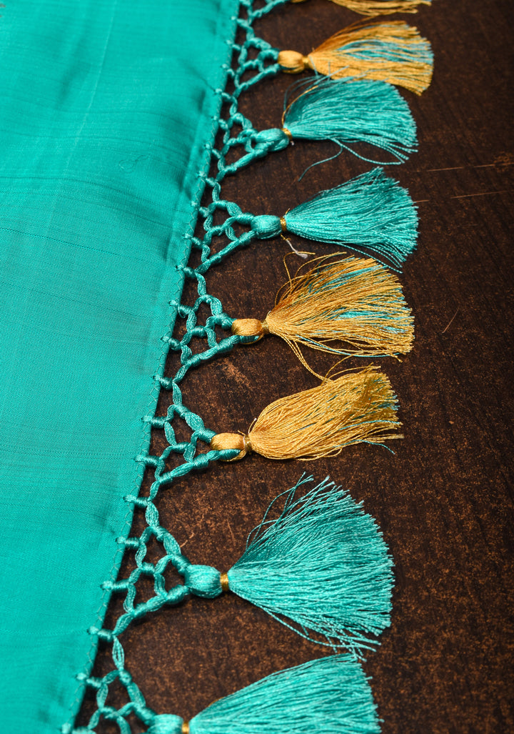 Turquoise Kanjivaram Silk Saree with Zari buttas and Zari Border | SILK MARK CERTIFIED