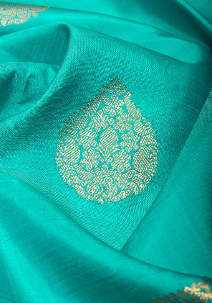 Turquoise Kanjivaram Silk Saree with Zari buttas and Zari Border | SILK MARK CERTIFIED