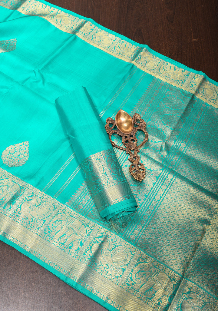 Turquoise Kanjivaram Silk Saree with Zari buttas and Zari Border | SILK MARK CERTIFIED