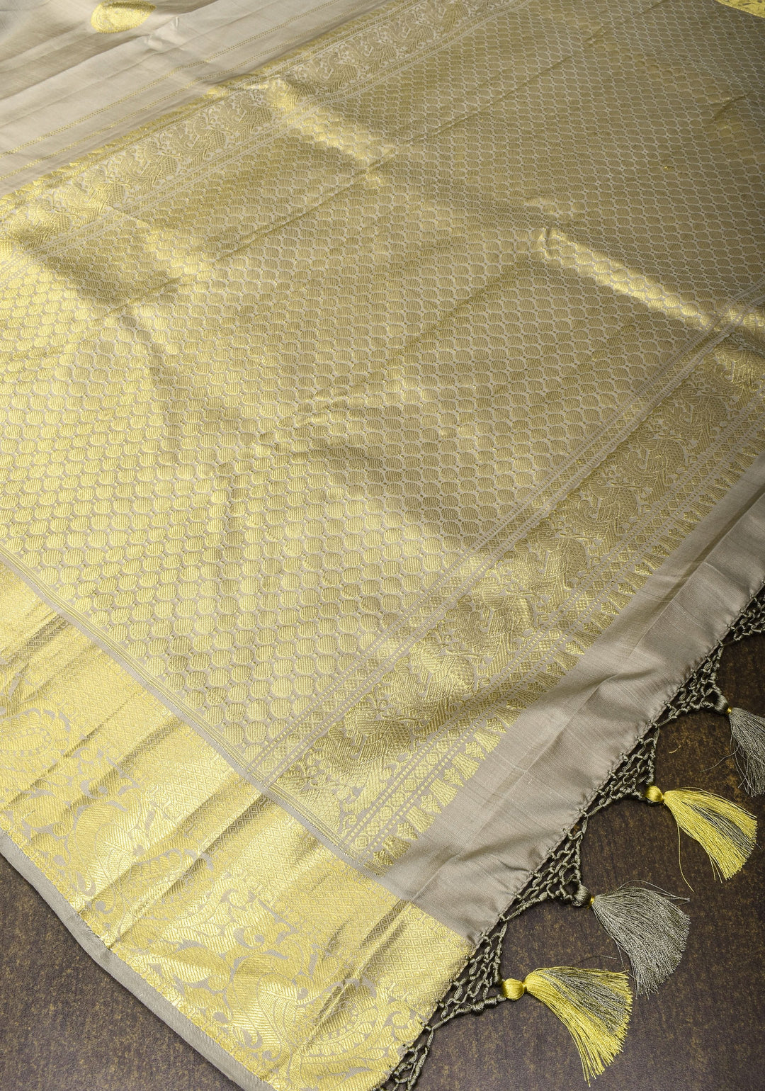 Gray Kanjivaram Silk Saree with Zari Buttas and Border | SILK MARK CERTIFIED