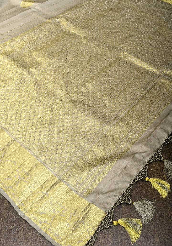 Gray Kanjivaram Silk Saree with Zari Buttas and Border | SILK MARK CERTIFIED