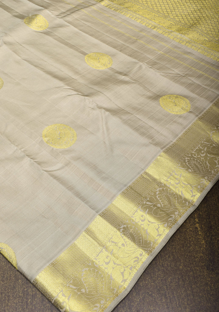 Gray Kanjivaram Silk Saree with Zari Buttas and Border | SILK MARK CERTIFIED