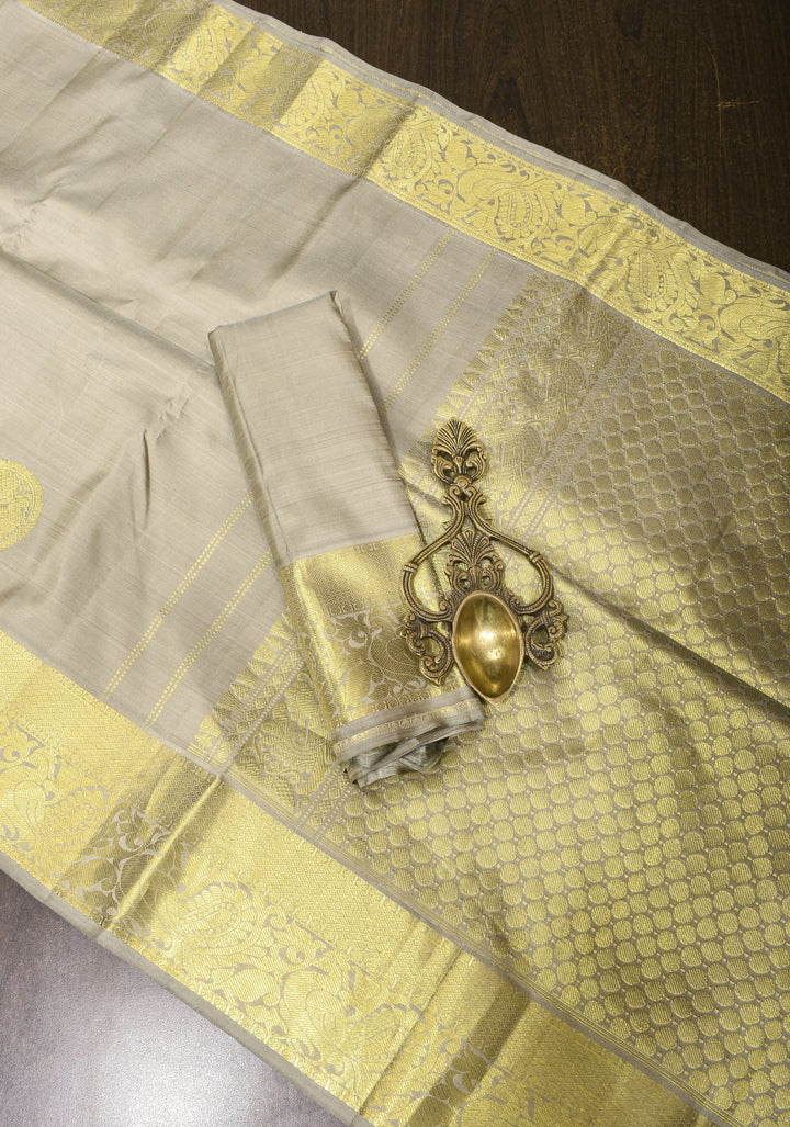 Gray Kanjivaram Silk Saree with Zari Buttas and Border | SILK MARK CERTIFIED