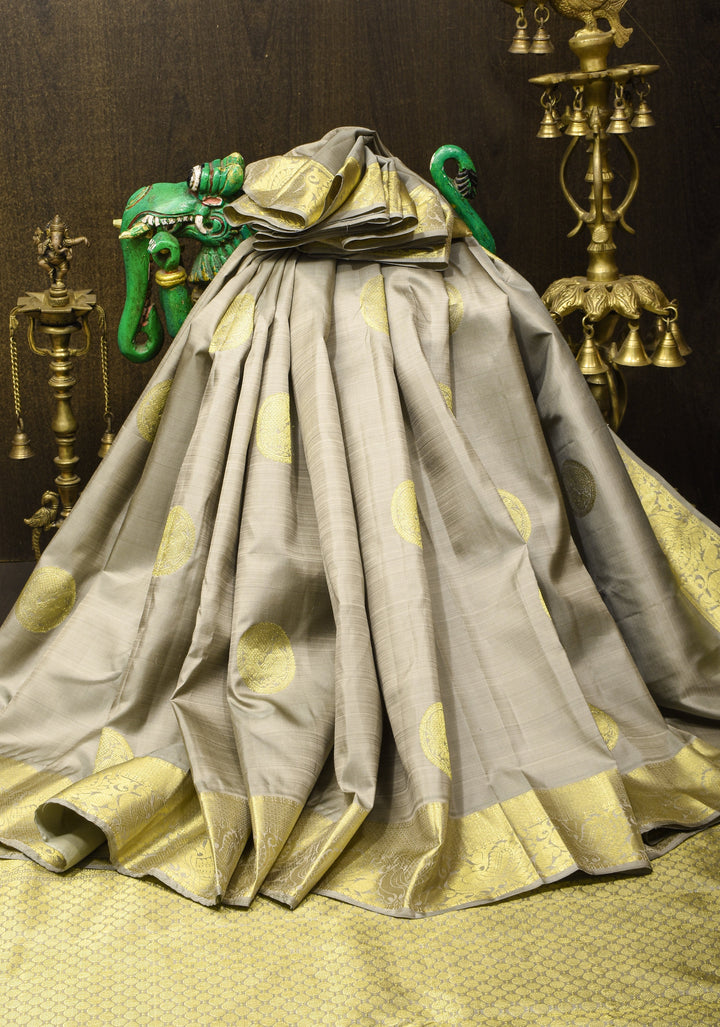 Gray Kanjivaram Silk Saree with Zari Buttas and Border | SILK MARK CERTIFIED